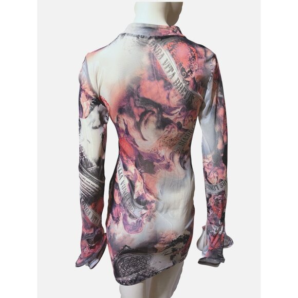 Sheer Mesh Dress M Ruffle Art is Long Renaissance Graphic Baddie Y2K Style USA - Picture 6 of 9